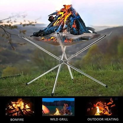 Folding Portable Steel Mesh Camping Fire Pit, Outdoor Wood Burning Bonfires Rack, Stainless Steel Fire Pit, with Carrying Bag