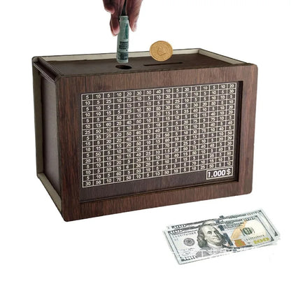 Money Wood Box Piggy Bank with Numbers & Saving Goal