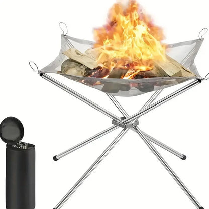 Folding Portable Steel Mesh Camping Fire Pit, Outdoor Wood Burning Bonfires Rack, Stainless Steel Fire Pit, with Carrying Bag