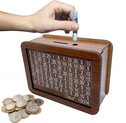 Money Wood Box Piggy Bank with Numbers & Saving Goal