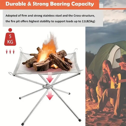 Folding Portable Steel Mesh Camping Fire Pit, Outdoor Wood Burning Bonfires Rack, Stainless Steel Fire Pit, with Carrying Bag