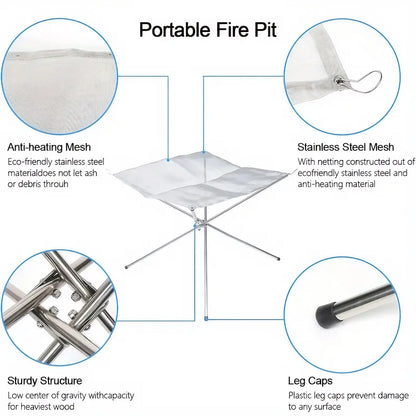 Folding Portable Steel Mesh Camping Fire Pit, Outdoor Wood Burning Bonfires Rack, Stainless Steel Fire Pit, with Carrying Bag